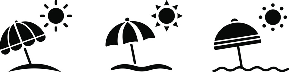 Beach Umbrella and Sun Icon Set – Summer Vacation Silhouette Collection © Nasir