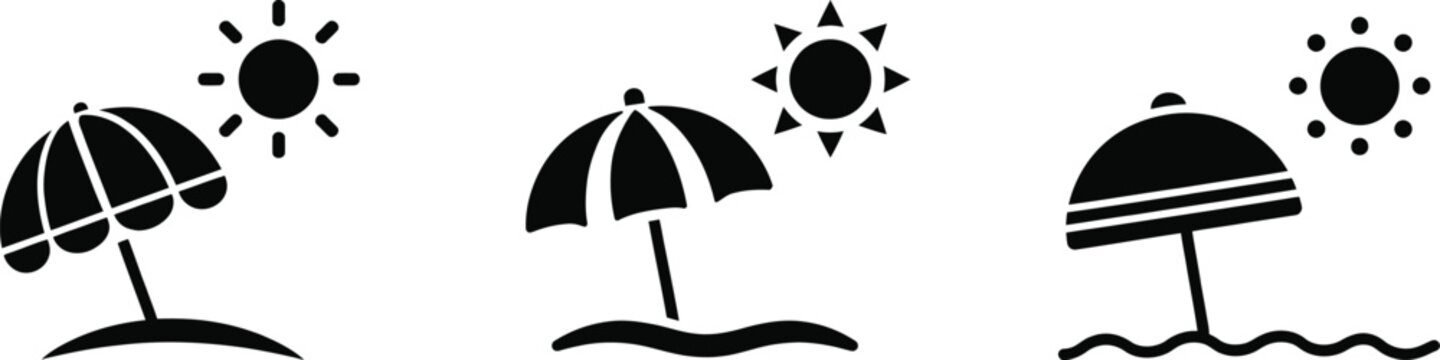Beach Umbrella and Sun Icon Set &ndash; Summer Vacation Silhouette Collection