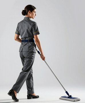 Professional Cleaner in Uniform Moping Floor in Studio Setting