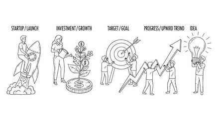Obraz premium Business people working on startup launch investment growth target goal products upward trend and big idea