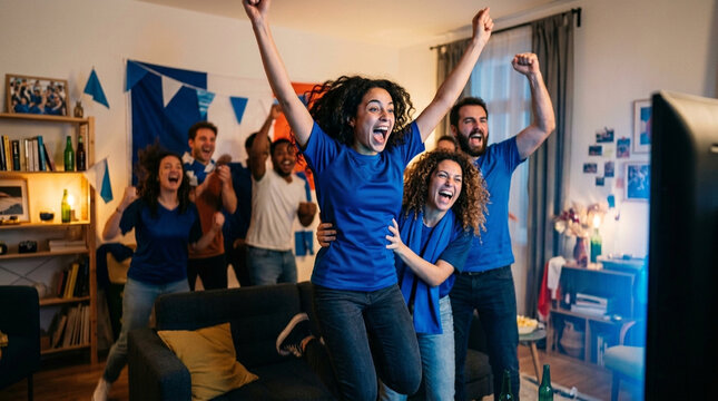 Enthusiastic multi-ethnic group of friends wearing blue sports jerseys celebrating a goal while watching a soccer match on TV in a decorated living room at home in the evening.