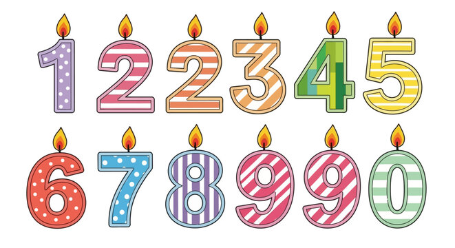 Colorful birthday candles with numbers and flames on top