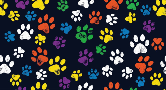 Vibrant animal paw prints cover the dark surface in a lively pattern