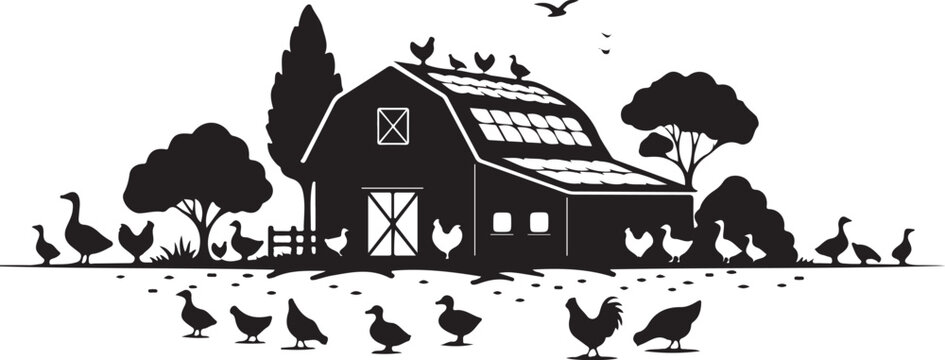Black silhouette farm scene with barn and poultry chickens
