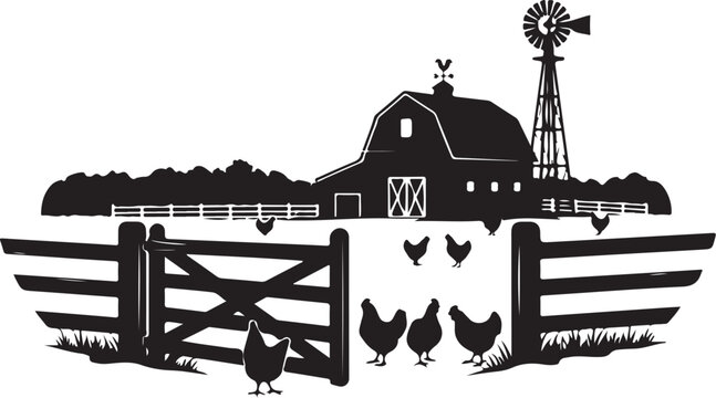 Black silhouette farm scene with barn windmill and chickens