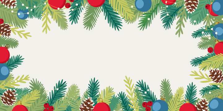 Christmas border frame with pine branches ornaments and copy space flat vector illustration banner.
