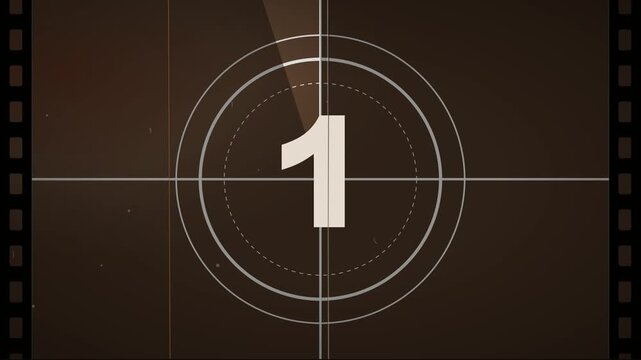 Retro sepia film countdown animation from five to one with vintage cinematic noise dust scratches and projector graphics