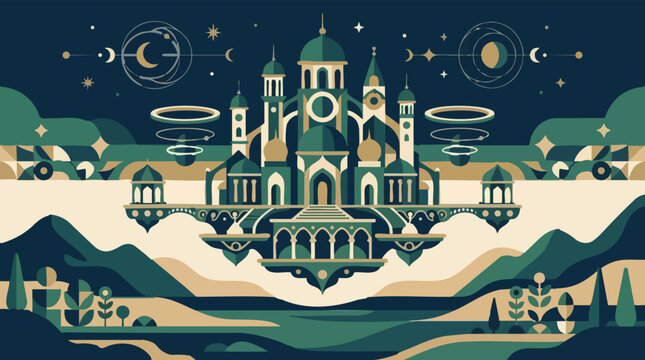 Moonlit fantasy palace floating above mystical landscape at night with floating