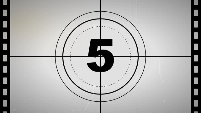 Vintage movie countdown background from ten to one featuring bright white screen with black numbers dust hairs scratches