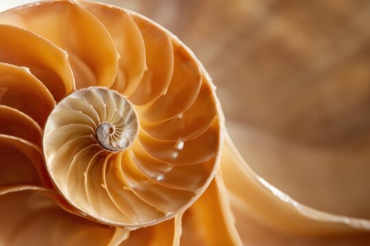 The Nautilus Shell Revealing Golden Spiral Chambers in Close-Up Macro Photography with Warm Tones