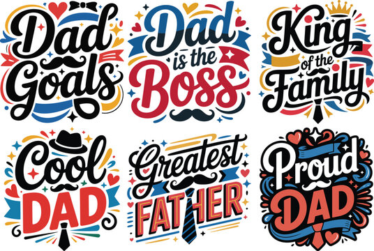 Collection of happy father's day lettering quotes for t-shirt designs and greeting cards.