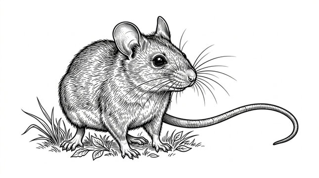Detailed Black Ink Line Art Drawing of a Small Field Mouse Standing in Grass, Vintage Sketch Illustration