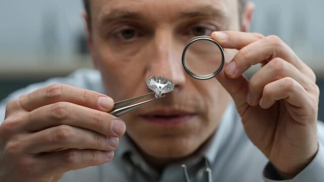 Expert examining a brilliant lab grown diamond with tweezers and a loupe. Focus on the intricate details of the synthetic gemstone.