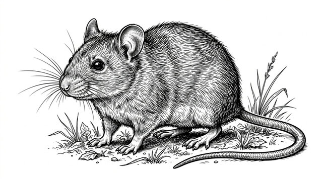 Detailed vintage black and white field mouse illustration sketch