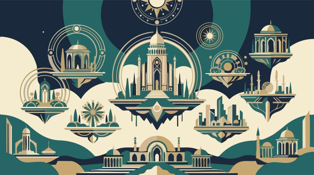 Surreal cityscape with floating islands and ornate oriental domes in clouds, floating