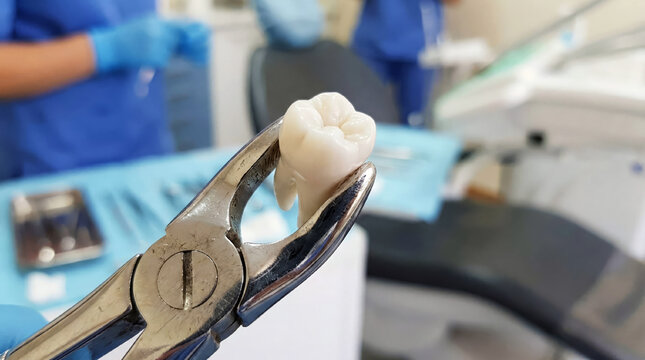 Tooth extraction procedure in dental clinic with tools and staff present