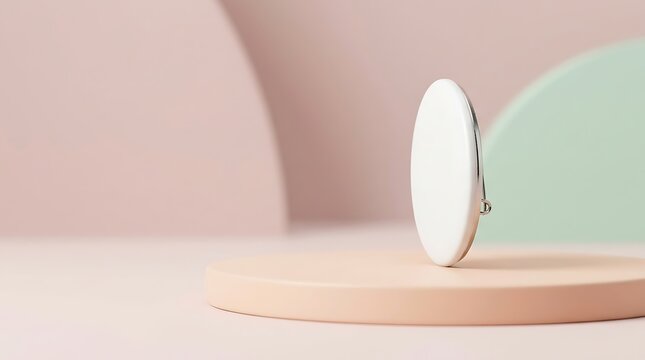 Isolated white circular pin button badge mockup standing upright on a soft peach round platform with pastel geometric shapes