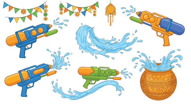 Holi festival celebration elements featuring colorful water guns banners decorated pots and splashing water effects.