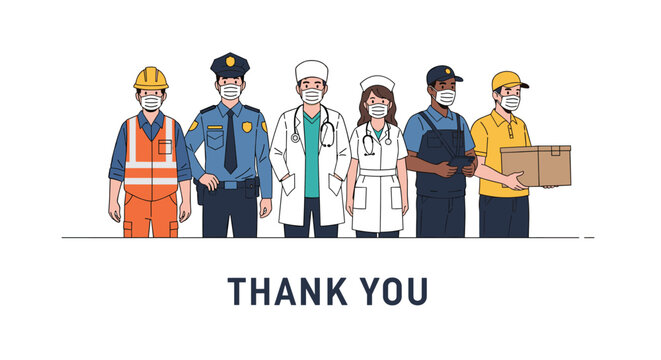 Group of diverse frontline essential workers wearing protective face masks including medical police and delivery staff.