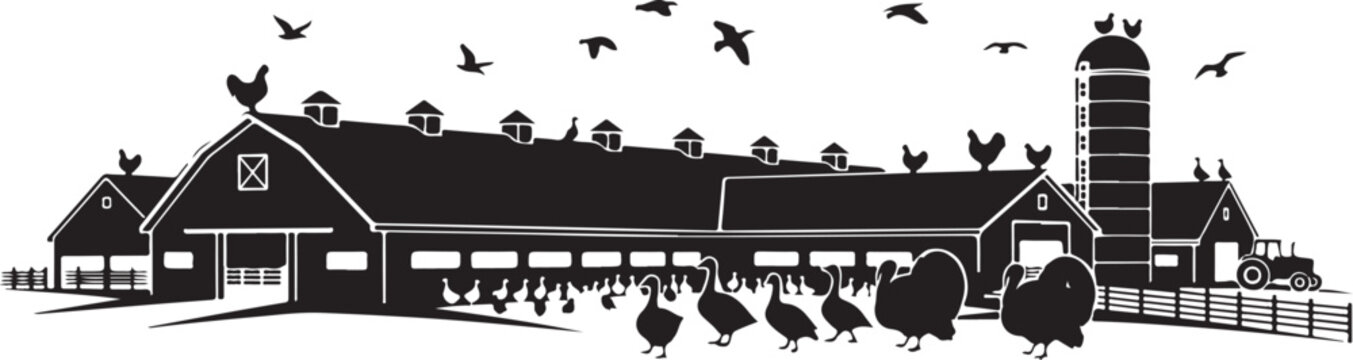 Black and white farm scene with barn silo and animals birds