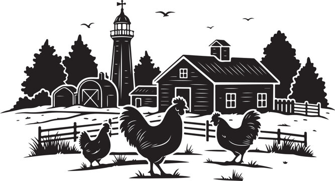 Black and white farm scene with chickens and lighthouse barn