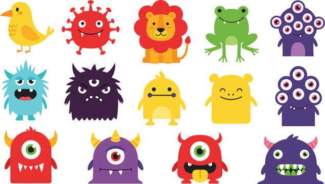Cute cartoon monster and animal characters vector set featuring colorful multi eyed aliens horn critters lion and frog