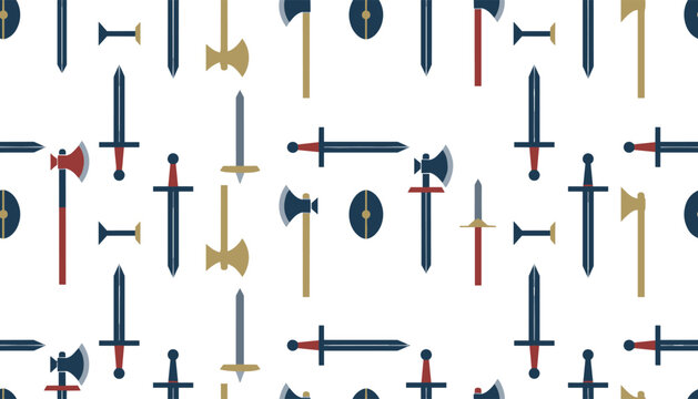 Seamless pattern featuring various medieval weapons including swords axes and shields in blue red and gold on a white background.