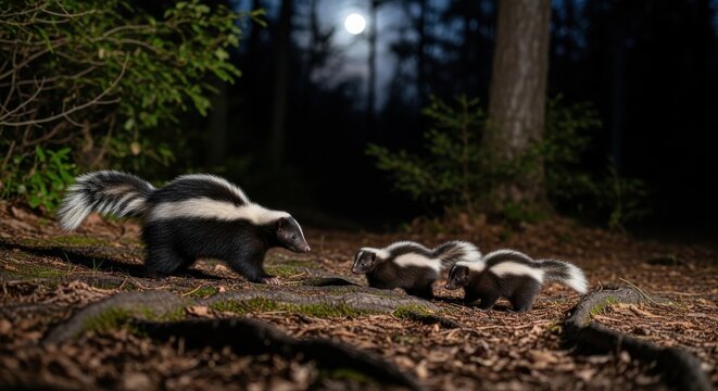 A family of badgers ventures out in the moonlit forest at night