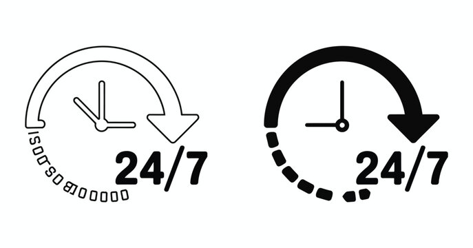 24/7 service clock icon in monochrome style for customer support business operations and continuous availability concepts