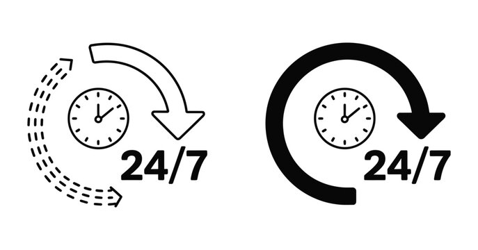Any time icon with 24/7 service clock symbol in black and white representing round the clock availability and support