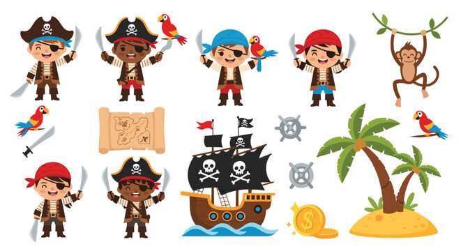Variety of cartoon pirate elements including characters ship parrots treasure map island and golden coins for kids story.