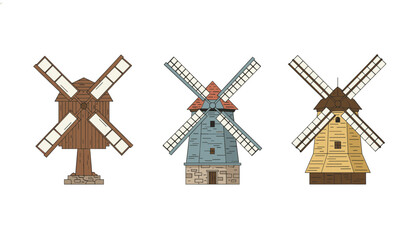Obraz premium Three variations of traditional wooden windmills with rotating blades representing historical architecture and early renewable energy technology.