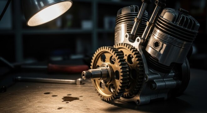 Close-up of an internal combustion engine with gears in a workshop