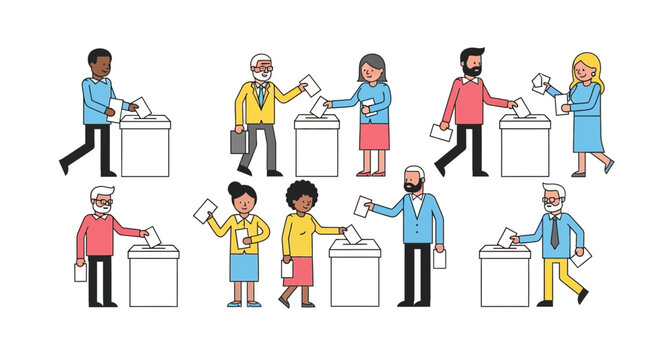 Diverse people casting votes in election ballot boxes, voting concept illustration