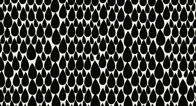 Seamless pattern of black teardrop shapes or water droplets on a white background creating a minimalist graphic design.