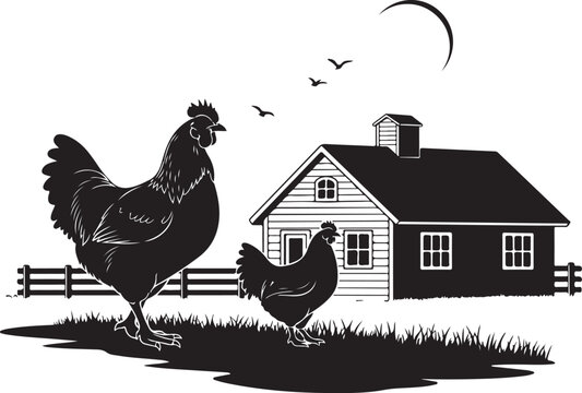 Black and white of two chickens in front of a house farm