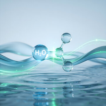 Glowing water molecule H2O splitting into green hydrogen representing climate tech investment, renewable clean energy innovation, chemistry science textbook illustration.