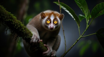 Fototapeta premium A Slow Loris with Bright Eyes Perched on a Mossy Branch