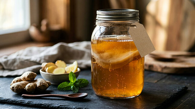 Glass Jar with Amber Kombucha and Floating Organic SCOBY

