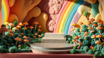 Obraz premium Whimsical scene. Rainbow backdrop, mushroom forest, small stage. Soft lighting creates dreamy, fantastical atmosphere. Vibrant colors dominate composition.