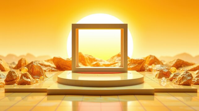 Minimalist scene. White cube framing sunset over desert landscape. Warm tones, reflective surface, geometric shapes dominate composition.