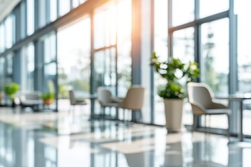 Fototapeta premium The Office Lobby Bathed in Sunlight With Minimal Waiting Area and Green Plants