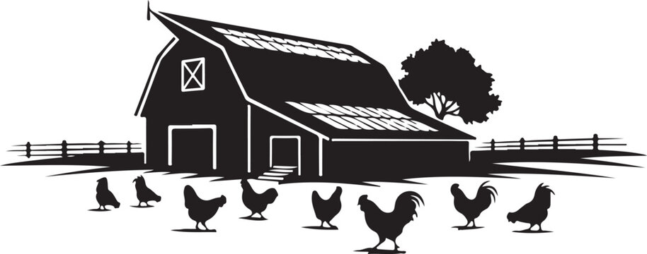Black silhouette farm barn with chickens and fenced yard tree