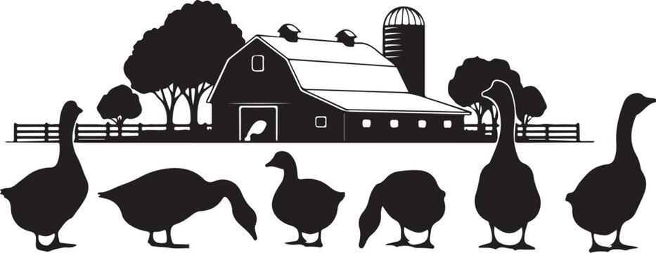 Black silhouette farm scene with barn silo trees fence