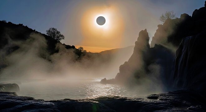 Silhouetted Landscape With Partial Solar Eclipse and Misty Waterfall