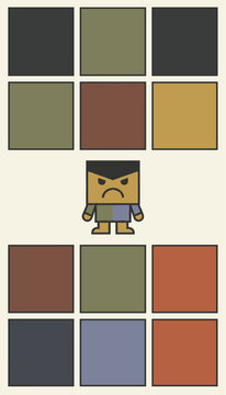 Grumpy square character with a black unibrow standing in the middle of a three-by-four grid of colorful squares.