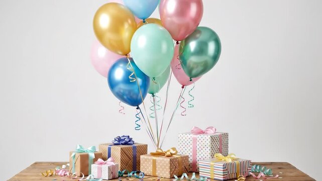 Tracking shot of colorful helium balloons rising above wrapped gift boxes on wooden table in studio setting. bright pastel colors convey festive birthday mood. clean white backdrop with soft lighting.