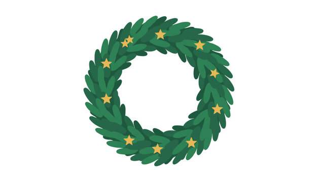 Traditional green Christmas wreath made of pine needles and decorated with small golden stars in a circular pattern on white.