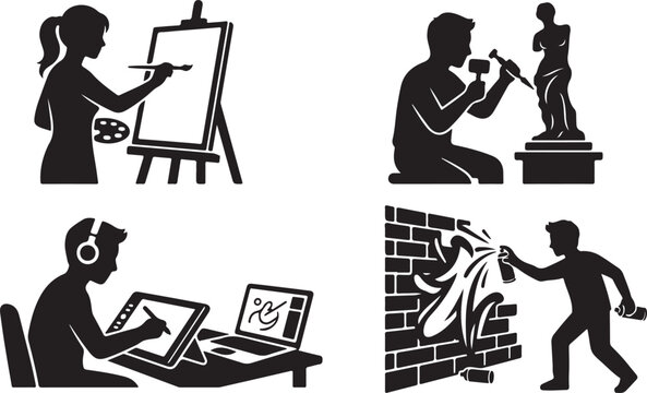 four artist silhouettes vector design bundle collection