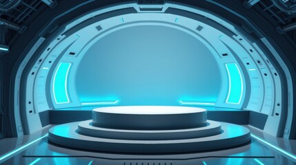 Fototapeta premium Futuristic stage design. Circular platform illuminated with vibrant blue light. Modern architecture, sleek lines, dramatic presentation space.